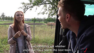 Lost cute babe is always welcome in fake transport to help