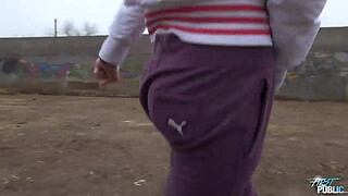 Hot babe Gina Gerson takes a mouthful of cum outside