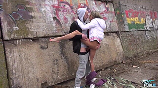 Hot babe Gina Gerson takes a mouthful of cum outside