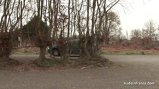 Chubby brunette ass fucked in threeway with Papy Voyeur on a car