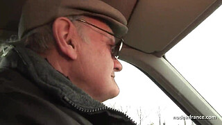 Chubby brunette ass fucked in threeway with Papy Voyeur on a car