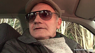 Chubby brunette ass fucked in threeway with Papy Voyeur on a car