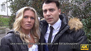 DEBT4k. Debt collector fucks the bride in a white dress and stockings