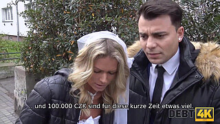 DEBT4k. Debt collector fucks the bride in a white dress and stockings