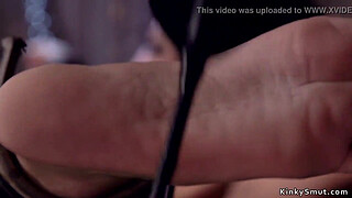 Brunette in stocks made to ride Sybian