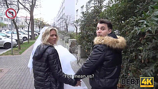 DEBT4k. Debt collector fucks the bride in white dress and stockings
