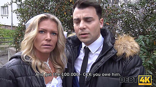 DEBT4k. Debt collector fucks the bride in white dress and stockings
