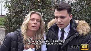 DEBT4k. Debt collector fucks the bride in white dress and stockings