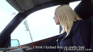 Blonde stewardess with nice legs gives blowjob in car