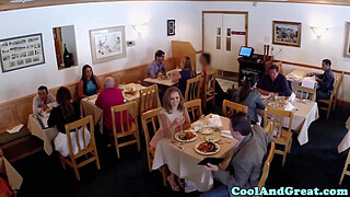 Housewife big facial in restaurant restroom