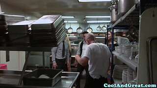 Housewife big facial in restaurant restroom