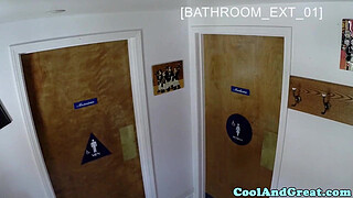 Housewife big facial in restaurant restroom