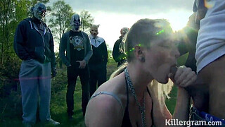 Submissive slut girlfriend in public gangbang