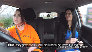 Busty examiner licks huge tits driving student
