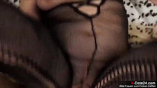 Hairy mature mother in fishnet stockings gets it from a young guy