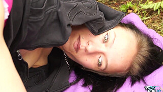 Just a piece of cock in tight pussy in public to satisfy brunette