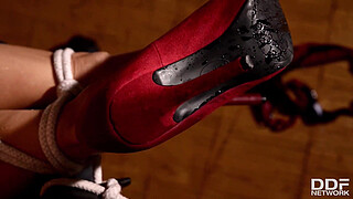 Mea Melone has her sphincter stuffed with a long red vibrator in BDSM video