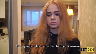 DEBT4k. Cunning guy fucks shaved pussy of red-haired cutie for the debt