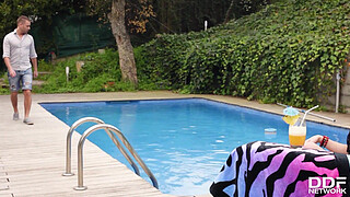 Russian brunette Evelina Darling gets her pussy deeply plowed by pool boy