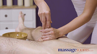 Massage Rooms Sexy pert young masseuse Katy Rose gives oily hand job