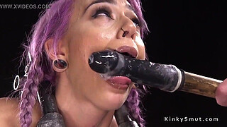 Slim purple haired slave toyed