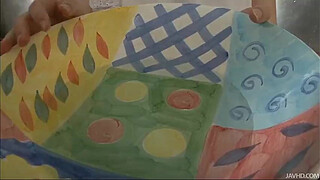 Aoi in the kitchen sink her big tits oiled up and squeezed before fucking a dick