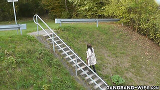 Dirty wife pissed on by strangers outdoors