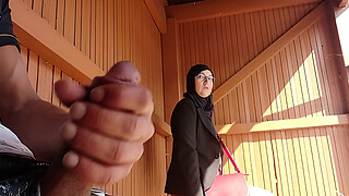young boy shocks this muslim girl who was waiting for her bus with his big cock, OMG !!! someone surprised them; he might have problems and run away ...