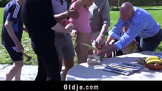 Old farts gangbang young hottie outdoors