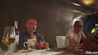 OLD YOUNG Babe Gangbang with grandpas she gets double penetrated hard fuck