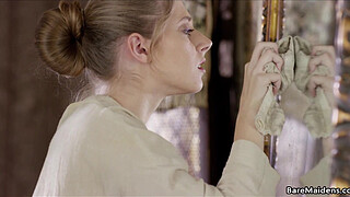 Maid plays with her pussy in her Lady's room