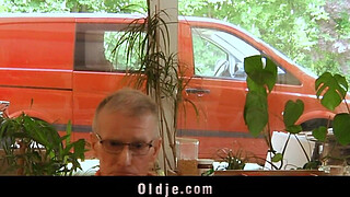 Seven grandpas gang bangs teeny blonde at a meeting