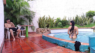 I fuck my Latina stepmother in my bathroom after we had sex together in the pool. Real amateur sex.