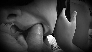 A home camera watches a mature couple. First class blowjob with cum in mouth. Real amateur in black and white.