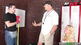 blonde student gets rammed by two guys in the lockerroom