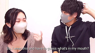 Blindfold taste test game! Japanese girlfriend tricked by him into huge facial Bukkake