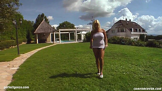 Lucy Love gets a messy bukkake after blowgang group blowjob