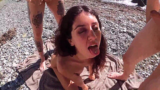 Gang bang on Public nude beach Double Vaginal Bukkake