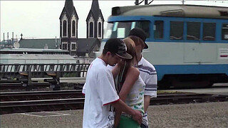 Cum on the face of cute teen Alexis Crystal in public sex gang bang orgy