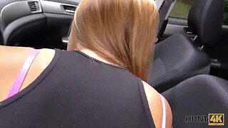 HUNT4K. Cuckold allows blonde girl touch stranger’s dick for cash