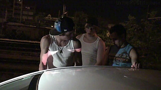 Cum on Alexis Crystal face in PUBLIC gangbang