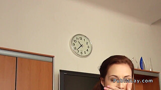 Busty redhead from public banged in an office