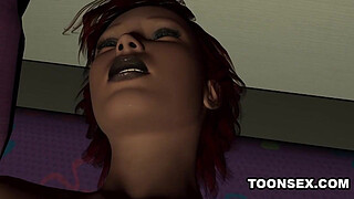 3D cartoon redhead babe plays with herself in bed