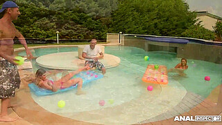 Anal inspectors cram Alice & Christen Courtney's teen assholes in pool orgy