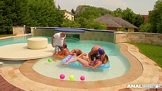 Anal inspectors cram Alice & Christen Courtney's teen assholes in pool orgy