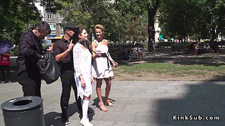 Teen slave blindfolded and gagged in public