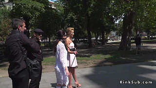 Teen slave blindfolded and gagged in public
