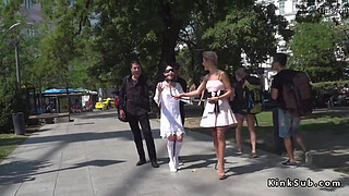 Teen slave blindfolded and gagged in public