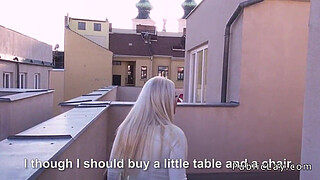 Blonde gives blowjob on roof top pov