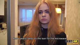 Debt4k. Cunning guy fucks shaved pussy of red-haired cutie Rose Wild for the debt